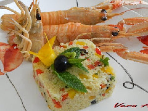 Scampi con Tabule al Peperoni e Pistacchi