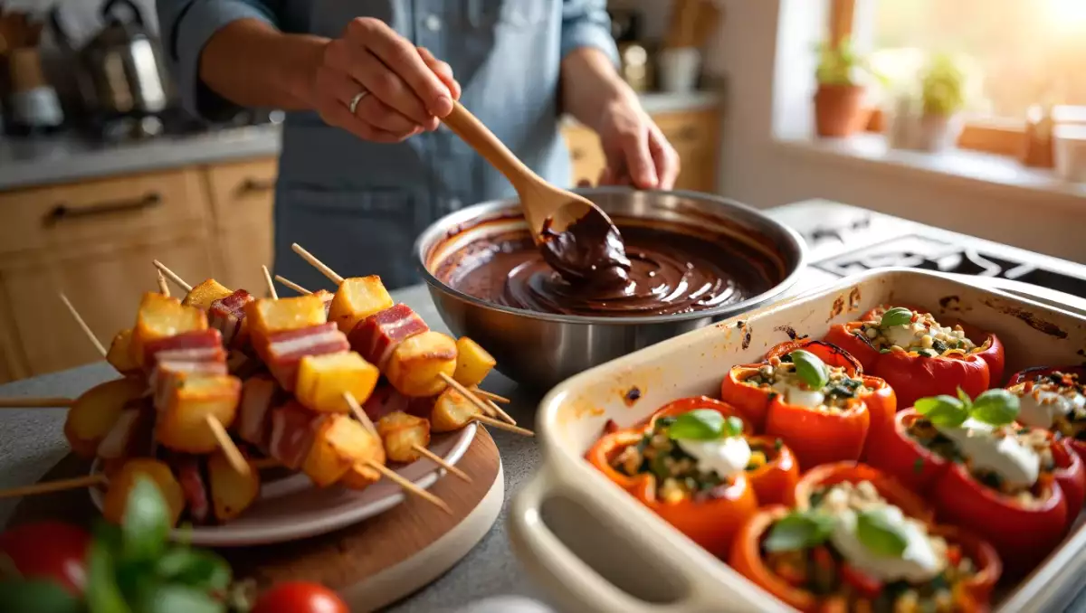 Menu del giorno, 17 giugno: spiedini di patate, peperoni ripieni e torta cremosa al cioccolato