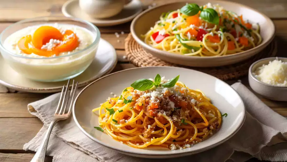 Menu vegetariano, 18 giugno: girelle croccanti, spaghettoni estivi e mousse di albicocche fresche
