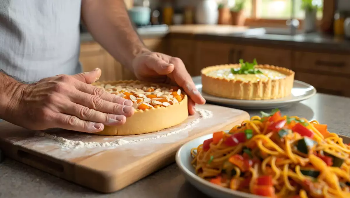 Menu vegetariano, 5 luglio: torta di formaggio, spaghettoni e crostata di albicocche
