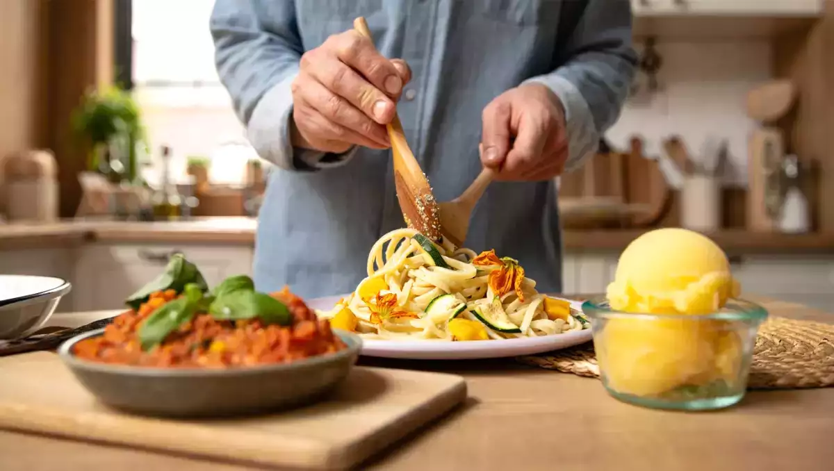 Menu vegetariano, 9 luglio: freschezza estiva con crema di pomodori, pasta e sorbetto al mango