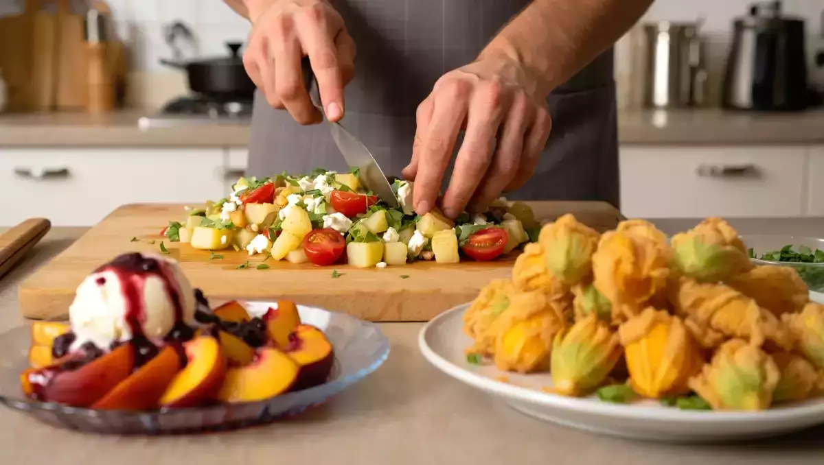 Menu vegetariano, 14 luglio: fiori di zucca fritti e insalata di patate con pesca melba