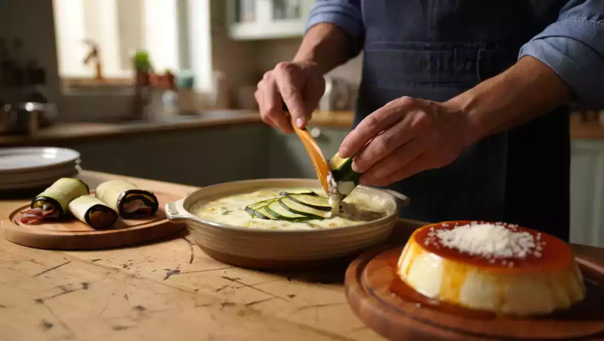 Menu del giorno, 18 luglio: involtini di melanzane, gratin di zucchine e torta flan alla vaniglia