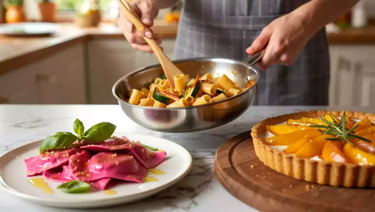 Menu vegetariano, 23 luglio: ravioli di barbabietola, rigatoni speziati e torta rustica alle pesche