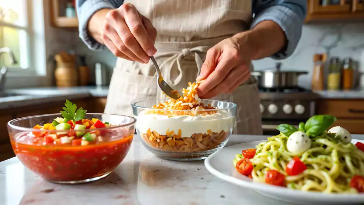 Menu del giorno, 25 luglio: gazpacho fresco, pasta fredda con pesto di rucola e torta al cocco