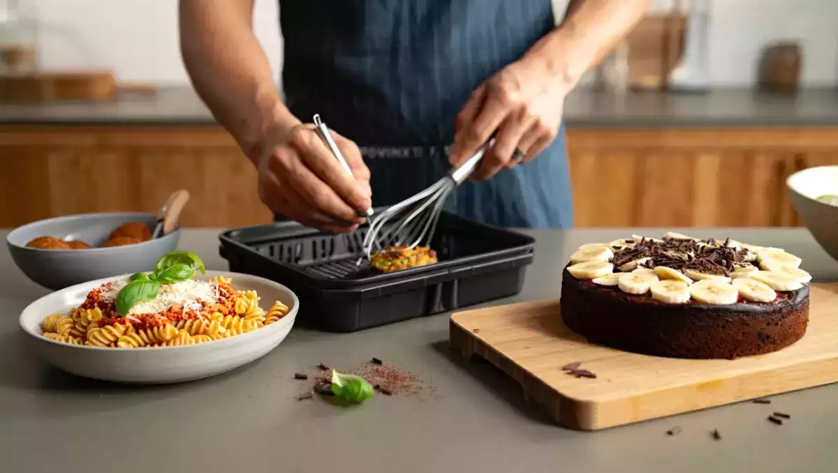 Menu vegetariano, 3 agosto: muffin alle zucchine, fusilli al pesto di peperoni e torta banane e cioccolato