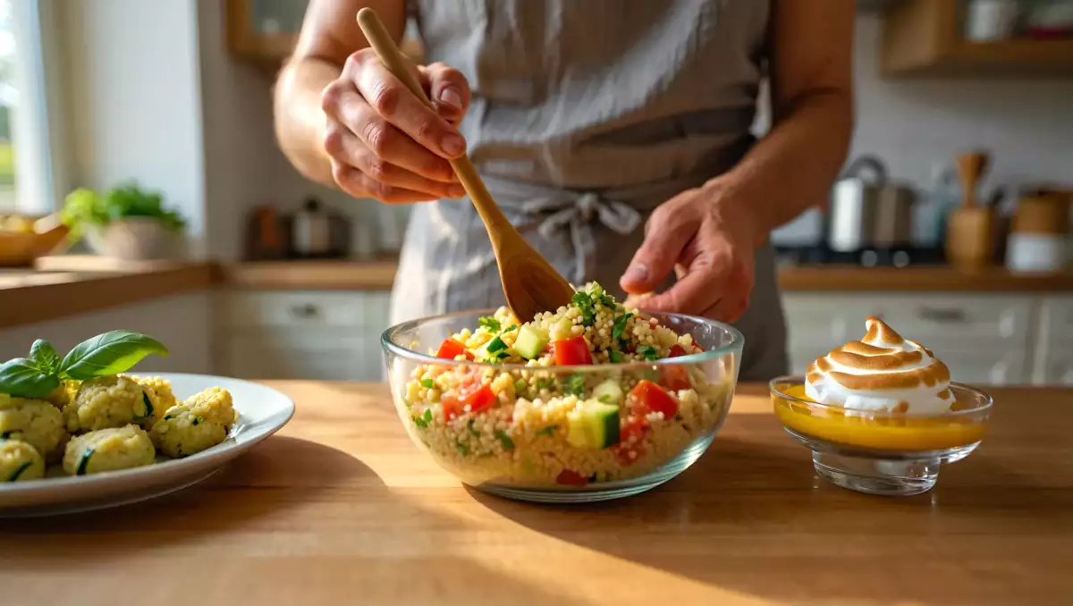 Menu del giorno, 29 agosto: polpette di zucchine, insalata di couscous e gazpacho, crostatina meringata al limone