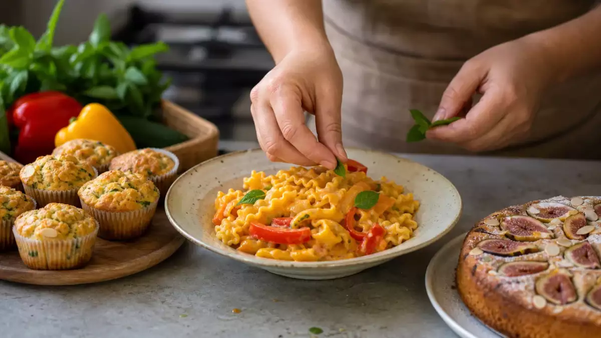 Menu del giorno, 31 agosto: muffins salati alle zucchine, pasta cremosa con peperoni e torta di fichi freschi
