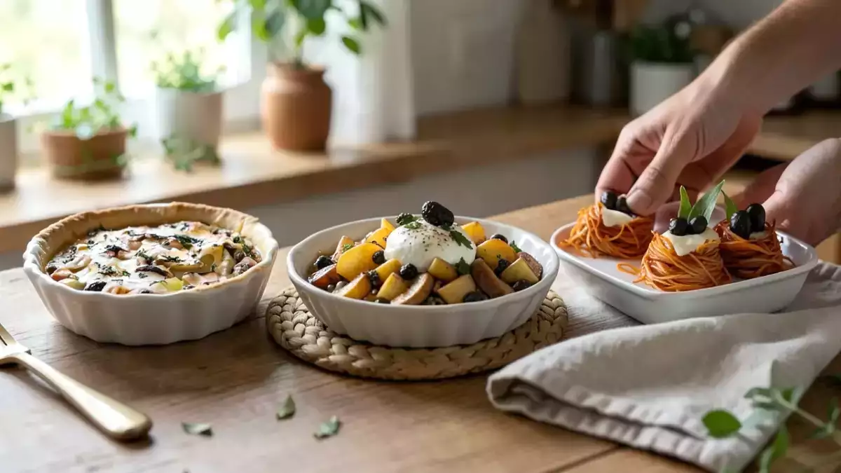 Menu vegetariano, 16 settembre: tortino di patate e funghi, nidi di pasta al forno e crostata di pere