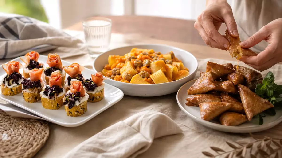 Menu del giorno, 29 settembre: crostini con radicchio, pasta con zucca e briouats alle mandorle