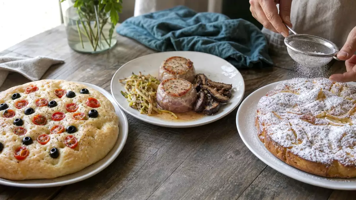 Menu del giorno, 2 ottobre: focaccia alta con pomodorini, filetto di maiale con porcini e torta di mele cremosa