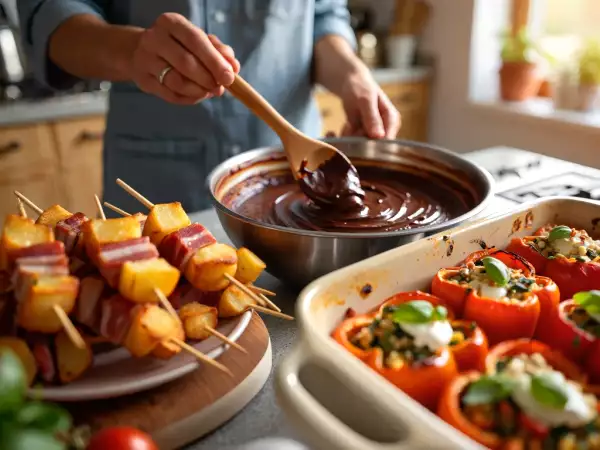 Menu del giorno, 17 giugno: spiedini di patate, peperoni ripieni e torta cremosa al cioccolato