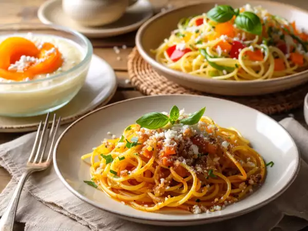 Menu vegetariano, 18 giugno: girelle croccanti, spaghettoni estivi e mousse di albicocche fresche