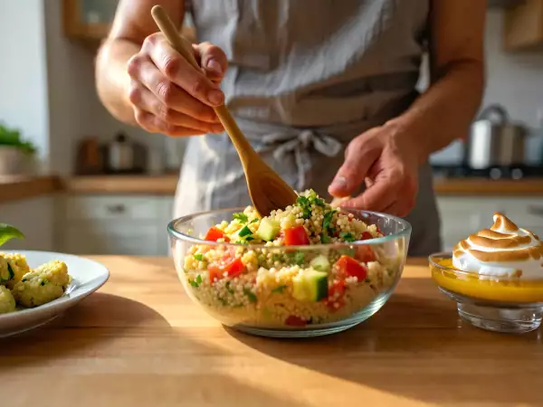 Menu del giorno, 29 agosto: polpette di zucchine, insalata di couscous e gazpacho, crostatina meringata al limone