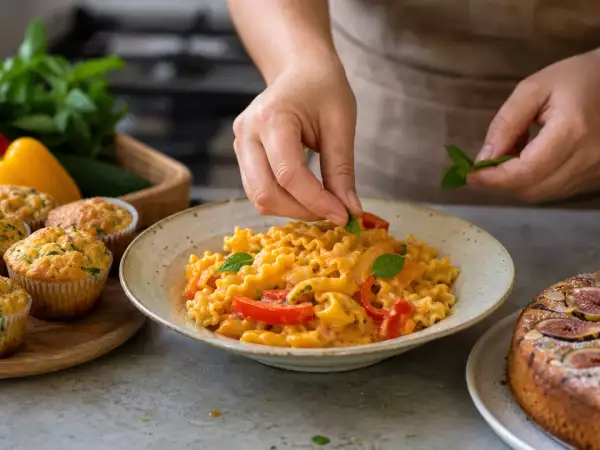 Menu del giorno, 31 agosto: muffins salati alle zucchine, pasta cremosa con peperoni e torta di fichi freschi