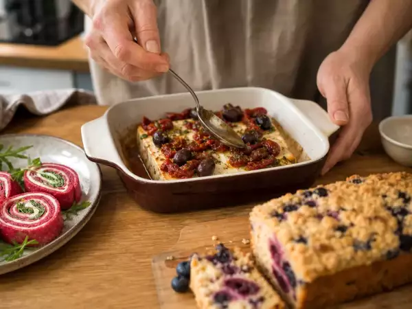 Menu vegetariano, 6 settembre: rotolini di crepes alla barbabietola, feta al forno e plumcake ai mirtilli