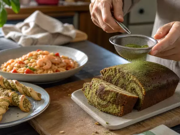Menu del giorno, 8 settembre: treccine di pesto e parmigiano, risoni con pomodori e gamberetti, plumcake marmorizzato al tè matcha