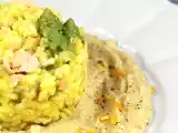 Ricetta Risotto con broccolo romano e salmone su crema di ceci all'arancia