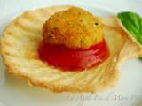 Ricetta Polpette di baccalà in conchiglie di briséé con gelatina di pomodoro