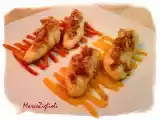 Ricetta Code di rana pescatrice alla porchetta su dolce letto di peperoni