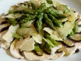 Ricetta Carpaccio di champignon, asparagi e scaglie di parmigiano.