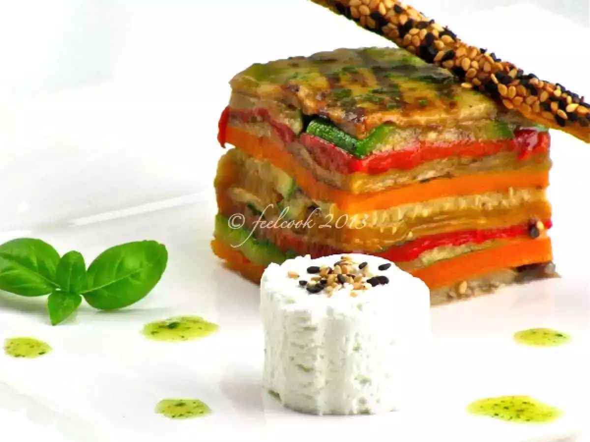 Ricetta Millefoglie di verdure grigliate, caprino e grissino al sesamo