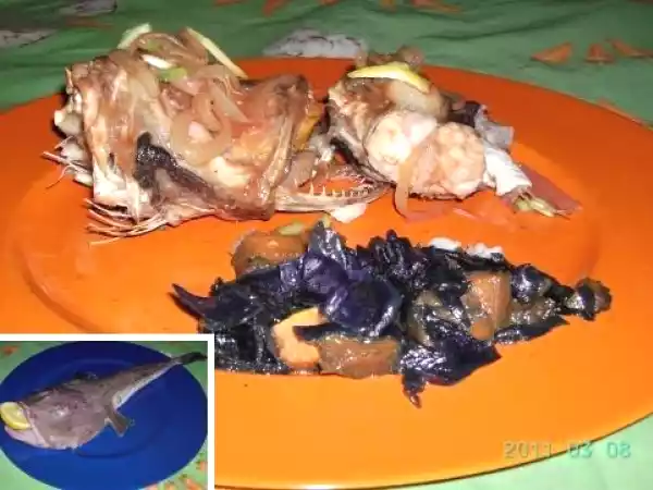 Ricetta Coda di rospo in salsa rosa con zucca gialla e cavolo rosso