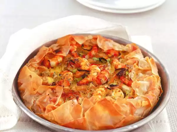 Ricetta Torta salata con porri, arancia e gamberi