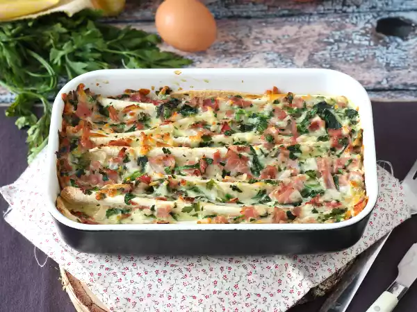 Ricetta Cosa fare con le tortillas? un ottimo gratin di prosciutto, spinaci e mozzarella