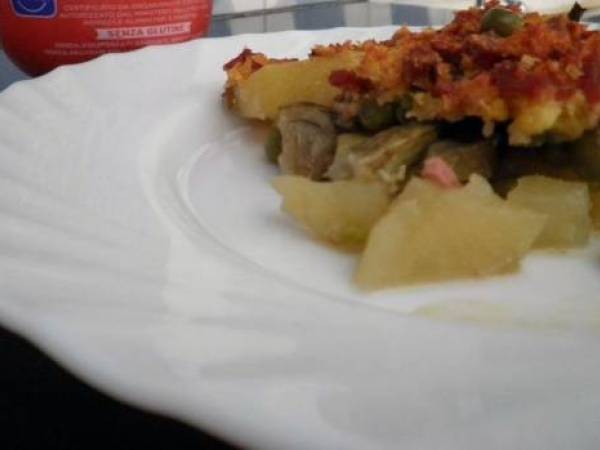 Sformato di patate piselli e carciofi con mortadella in crosta - Preparazione tappa 1