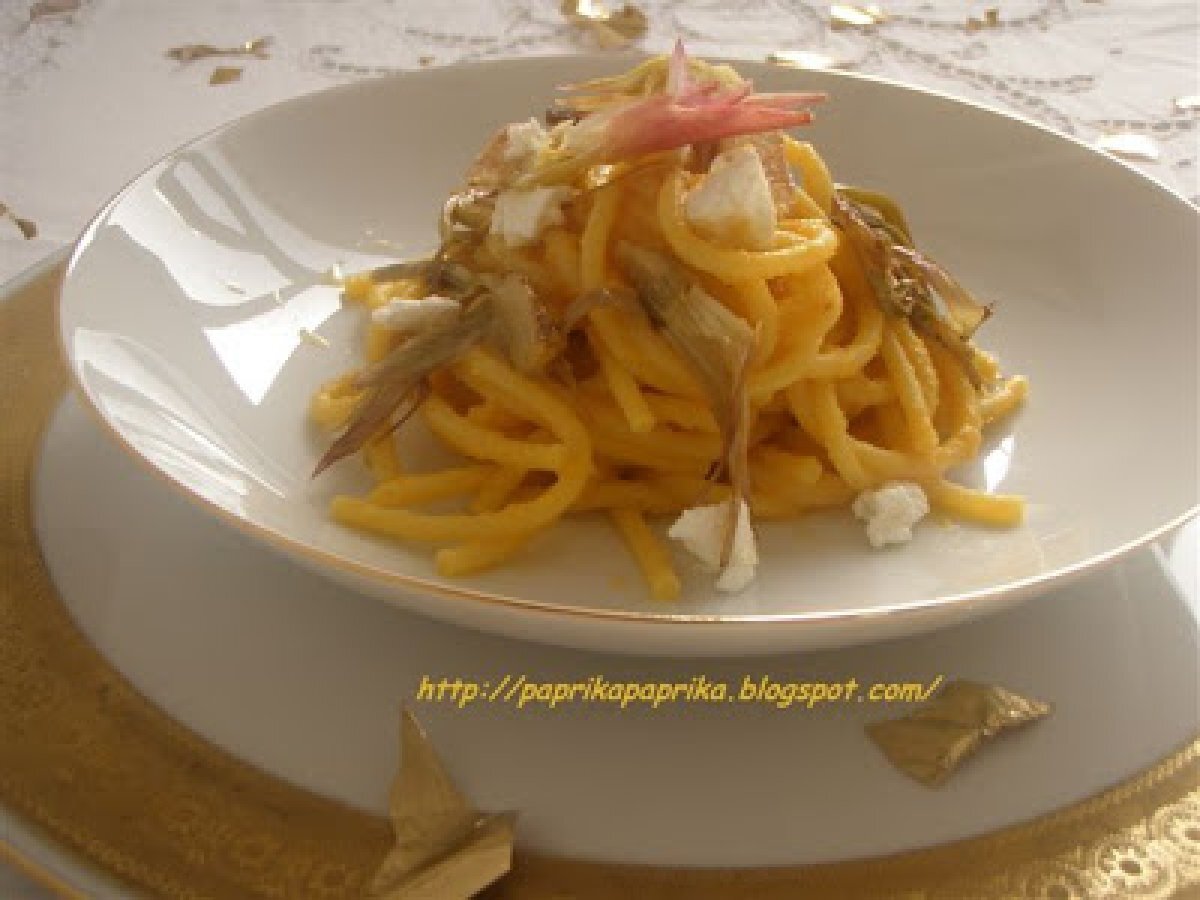 Bigoli con crema di zucca ai carciofi e caprino