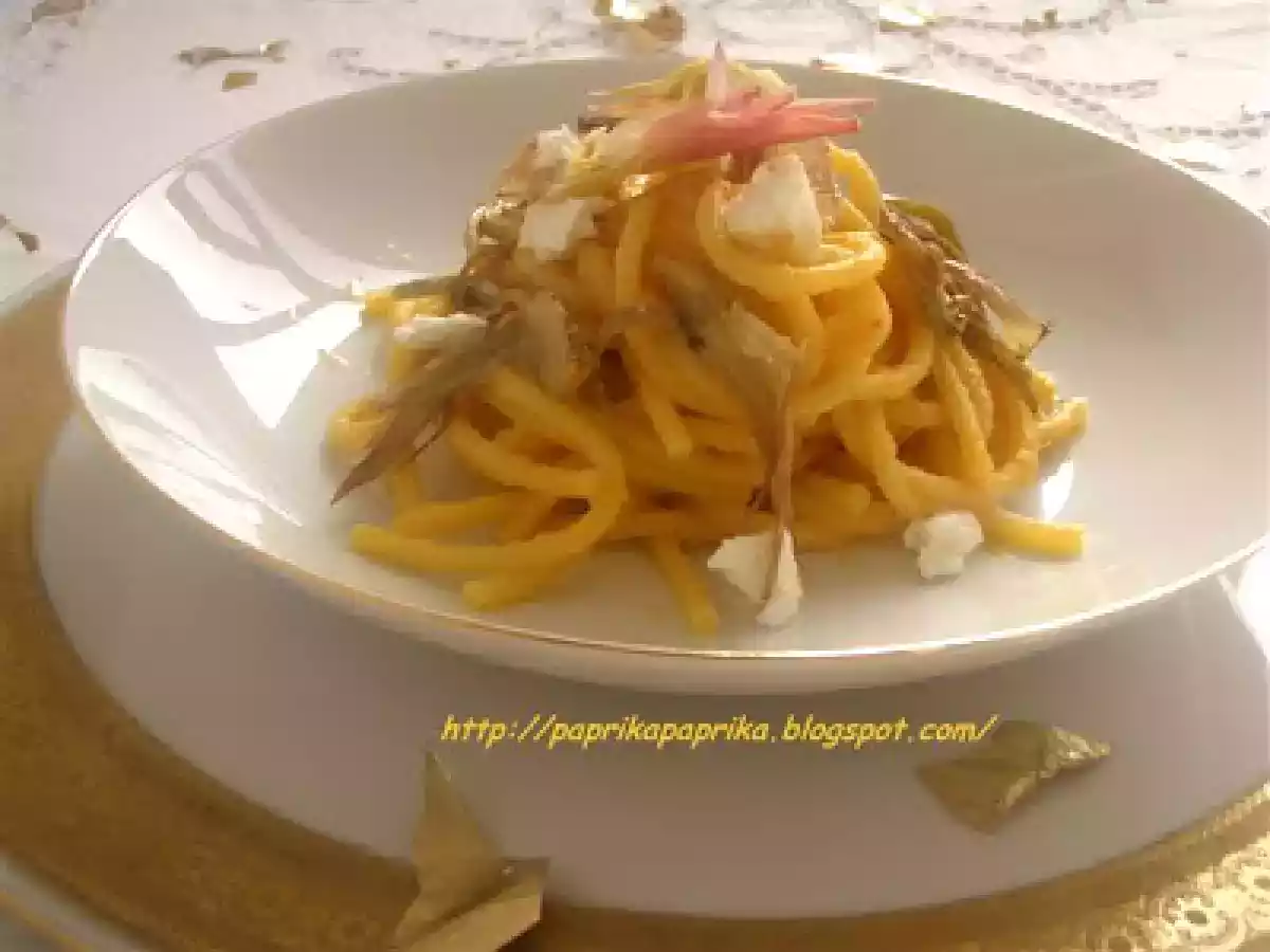 Bigoli con crema di zucca ai carciofi e caprino