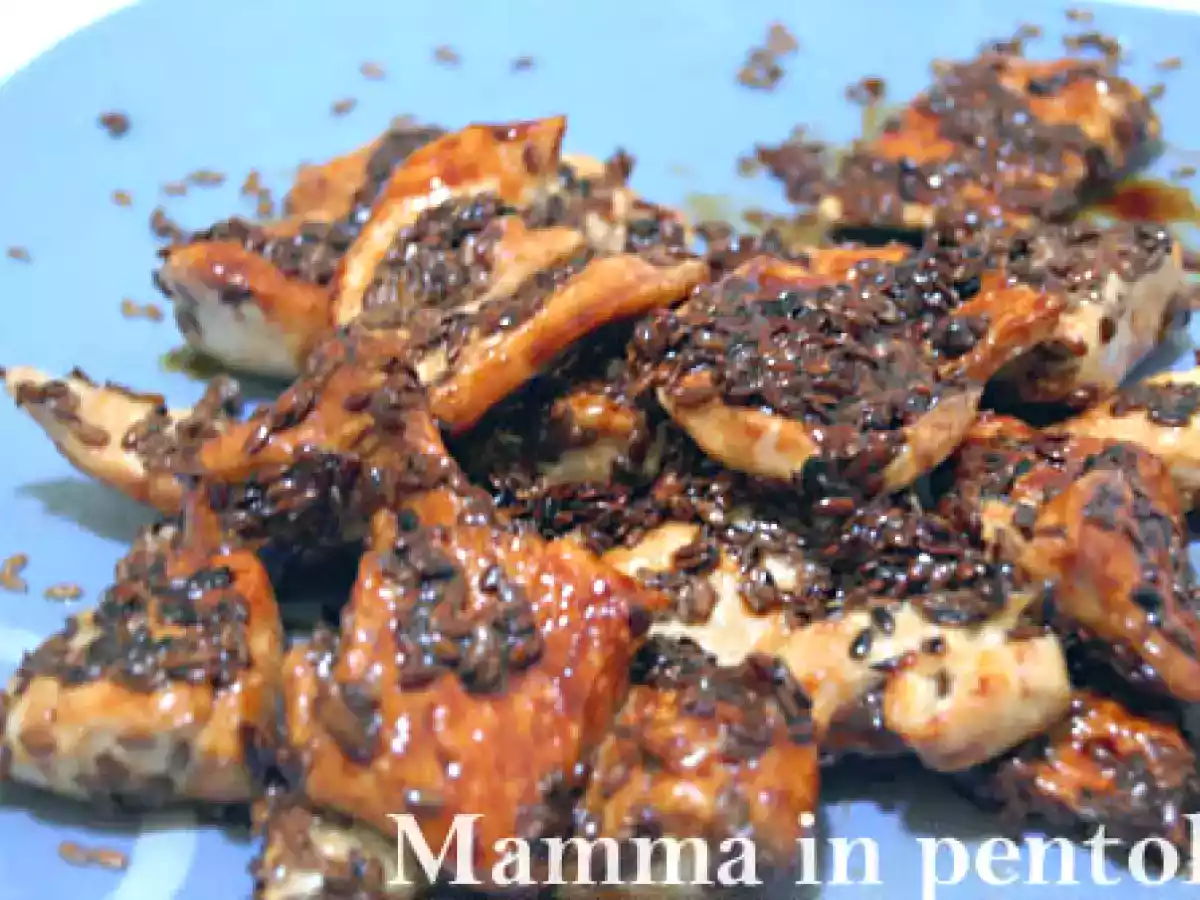 Bocconcini di pollo ai semi di lino in salsa di soia