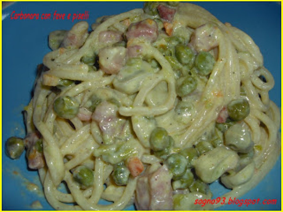 Carbonara con fave e piselli