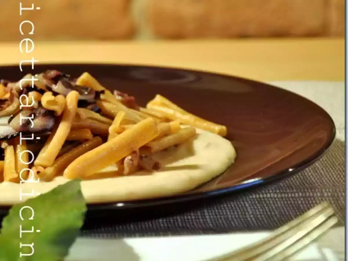 Casarecce integrali al radicchio, crema di cannellini e alloro