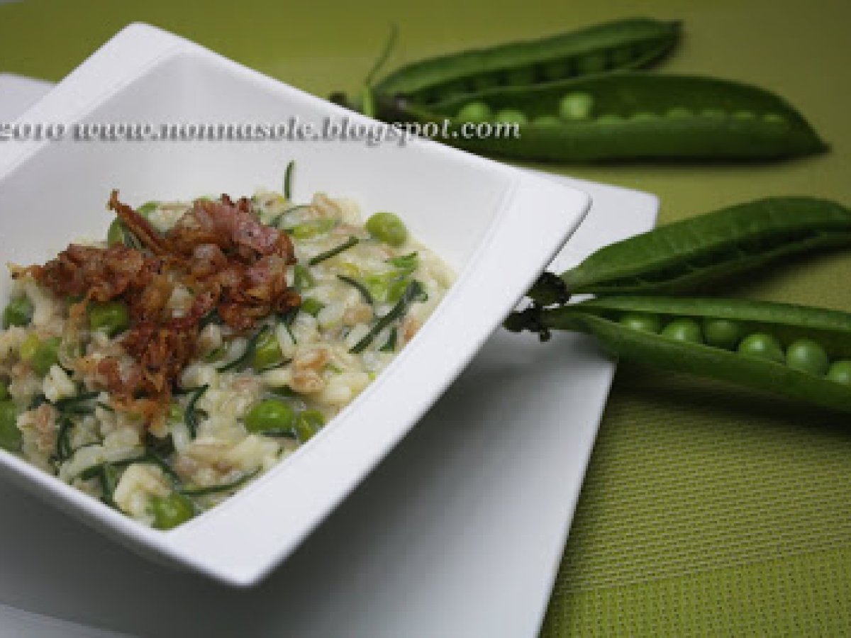 Cerealotto con agretti, piselli e pancetta croccante