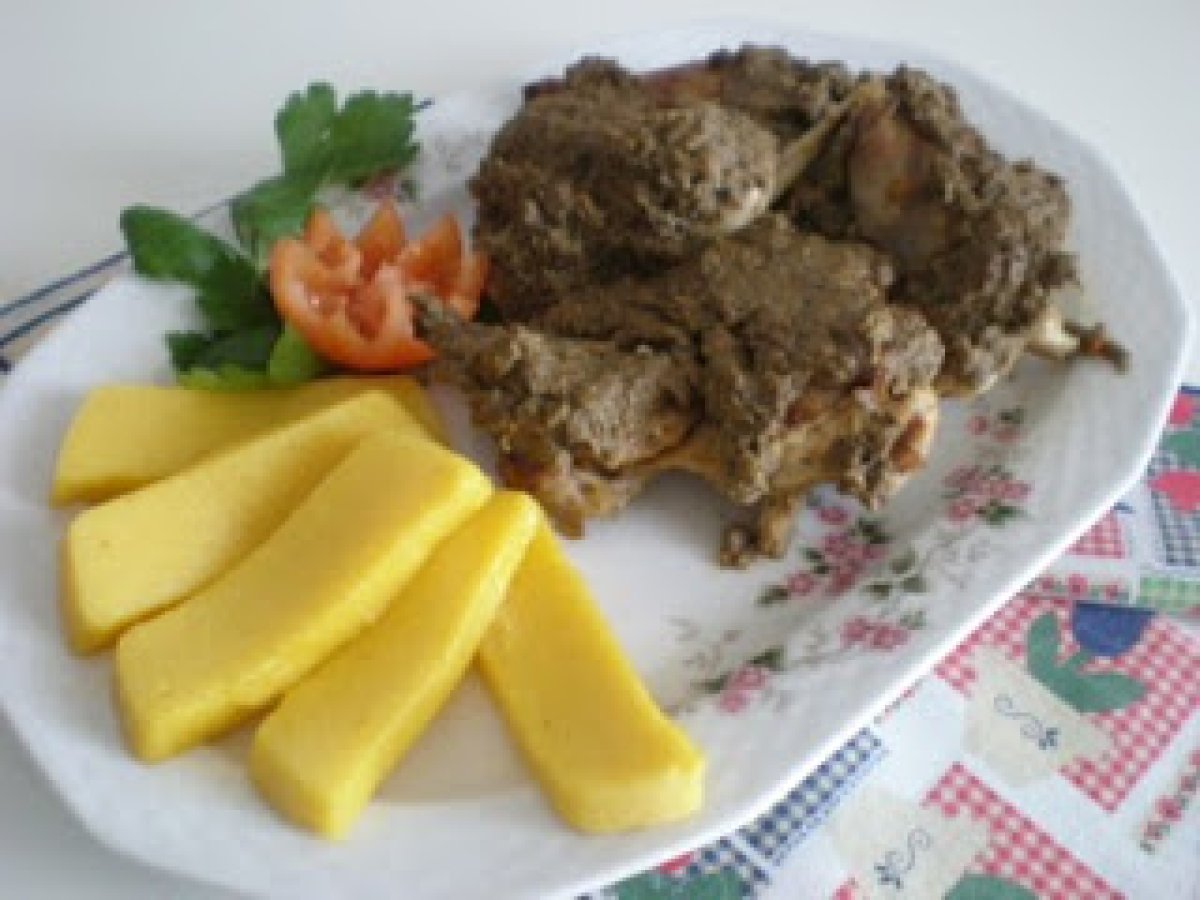 Coniglio alla campagnola con la polenta.