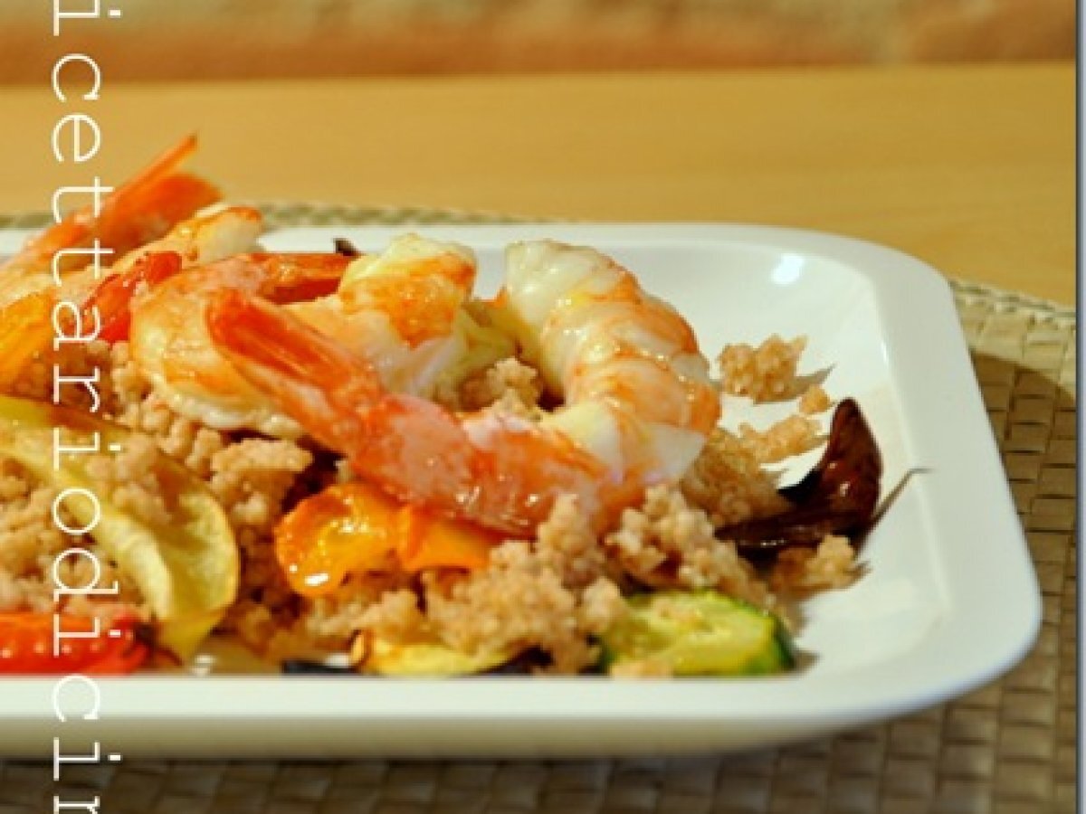 Cous cous di farro alle verdure e gamberoni al profumo di lime