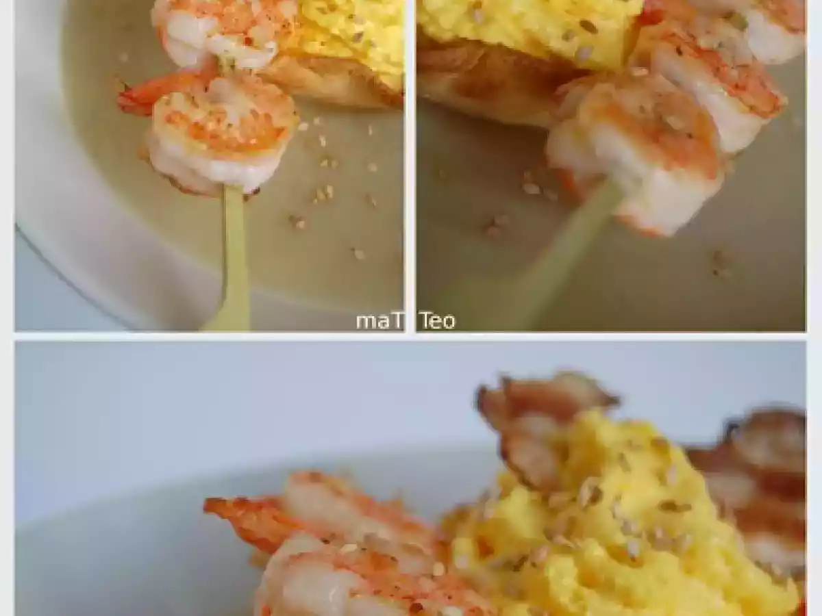 Crema di topinambur, spuma allo zafferano e gamberi con sale vichingo della Norvegia