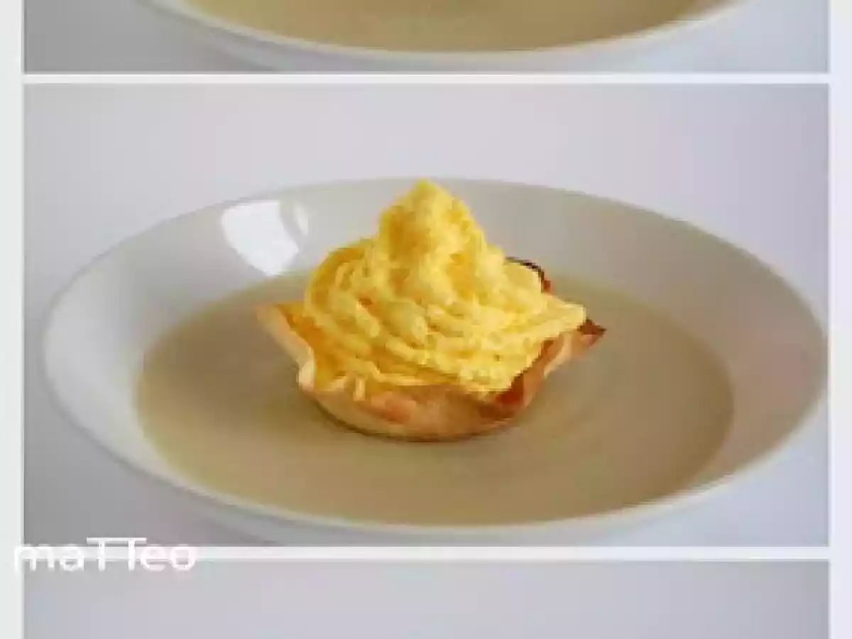 Crema di topinambur, spuma allo zafferano e gamberi con sale vichingo della Norvegia - foto 3