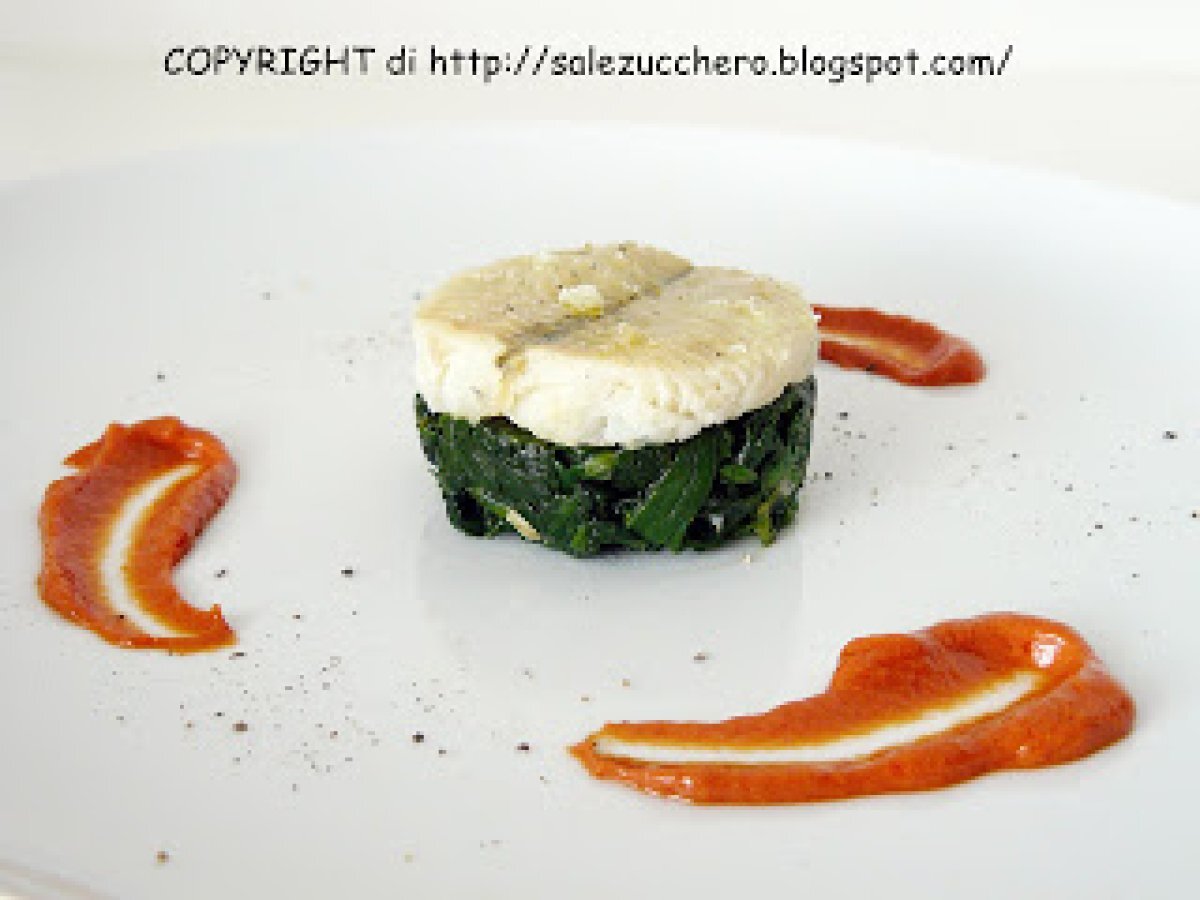 Filetto di platessa alla birra, spinaci, senape al pomodoro