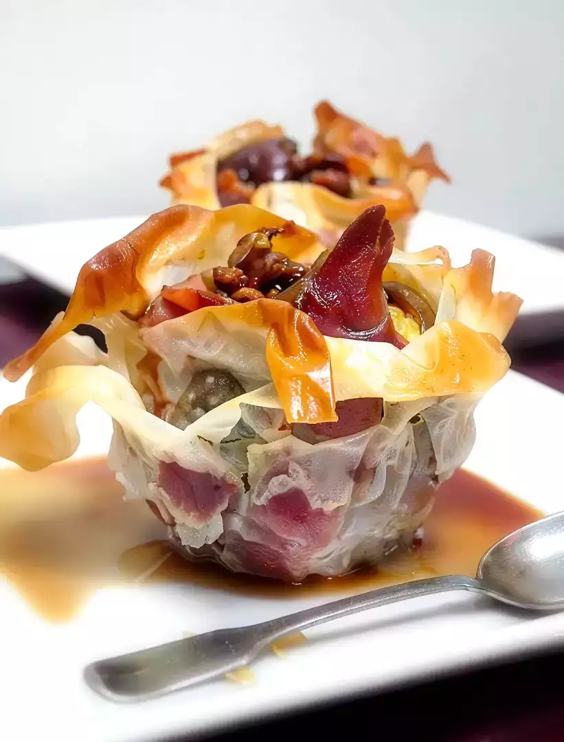 Fiore di fichi e prosciutto in pasta fillo e salsa al vino rosso