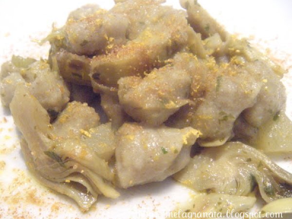 Gnocchetti di farina di Roveja con carciofi e bottarga al profumo d'arancia., foto 2