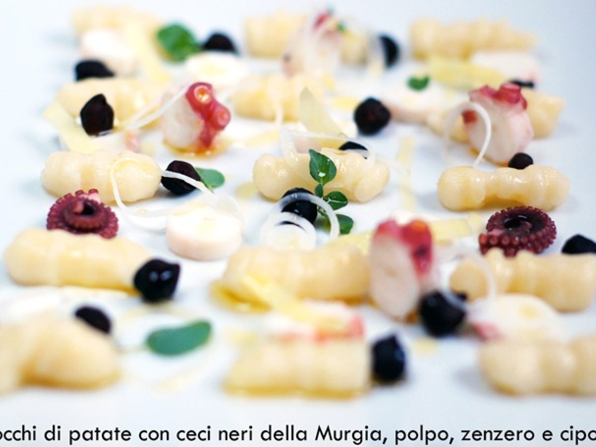 Gnocchi di patate con ceci neri della Murgia, polpo, zenzero e cipolla