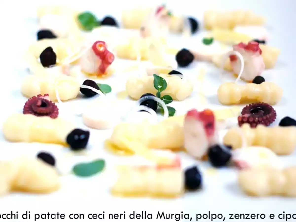 Gnocchi di patate con ceci neri della Murgia, polpo, zenzero e cipolla