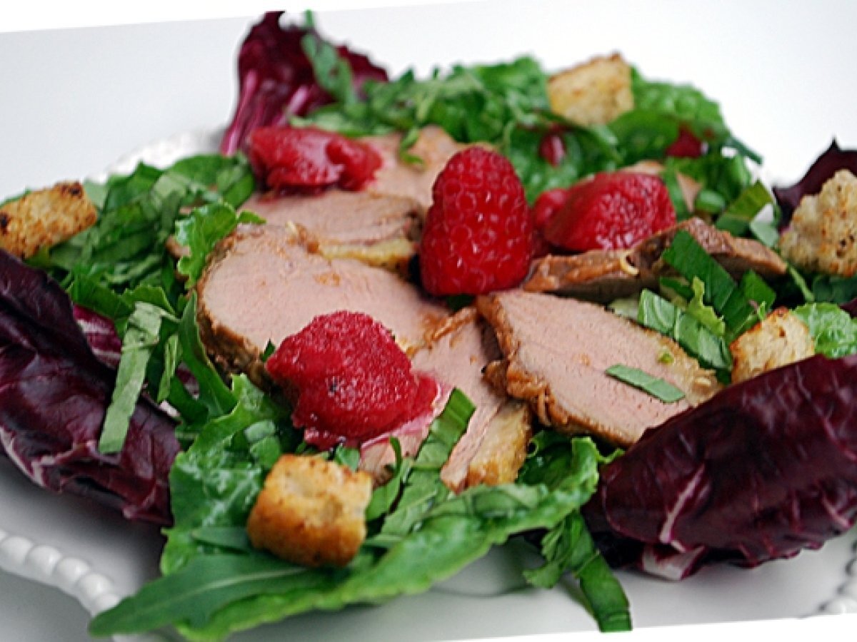 Insalata al petto d'anatra con sorbetto di vinaigrette ai lamponi