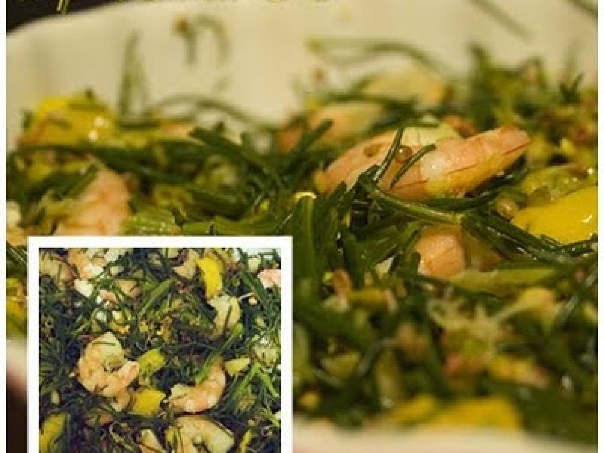 Insalata barba di frate, mango e gamberi