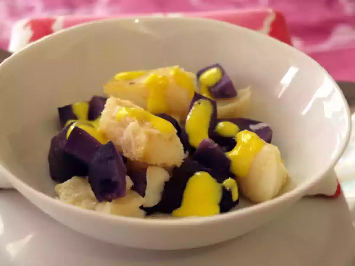 Insalata calda di baccalà, patate viola e salsa zenzero e zafferano