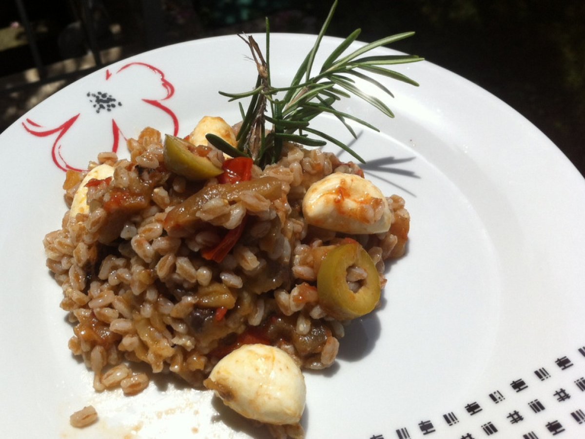 Insalata di farro con melanzane, pomodorini e mozzarella