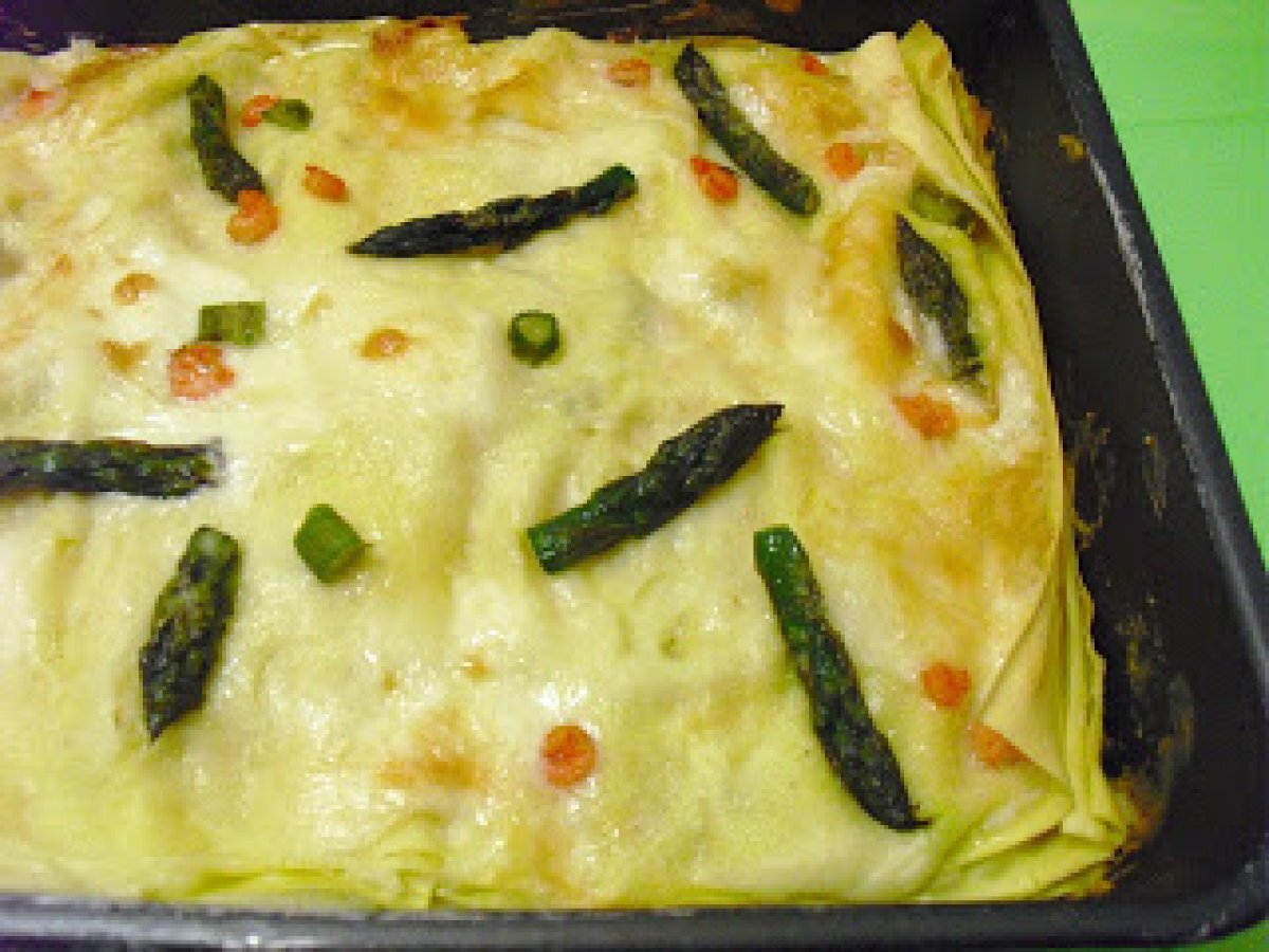 Lasagne agli asparagi, gamberetti e taleggio